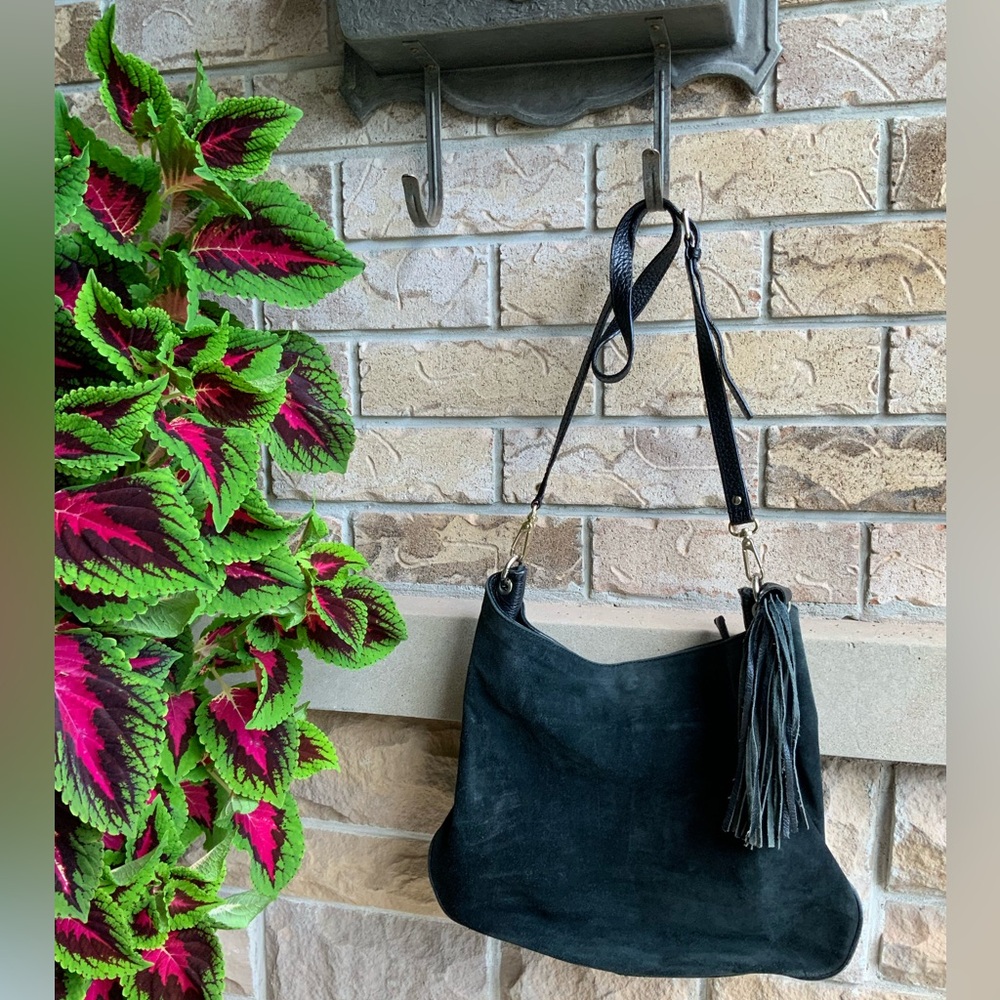 Bohemian SIMONS Nubuck Suede Pebbled Leather Black Hobo Slouchy Cross Body Purse